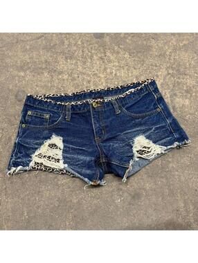 Vintage Y2K Low Rise Denim Micro Shorts Leopard Print Cotton